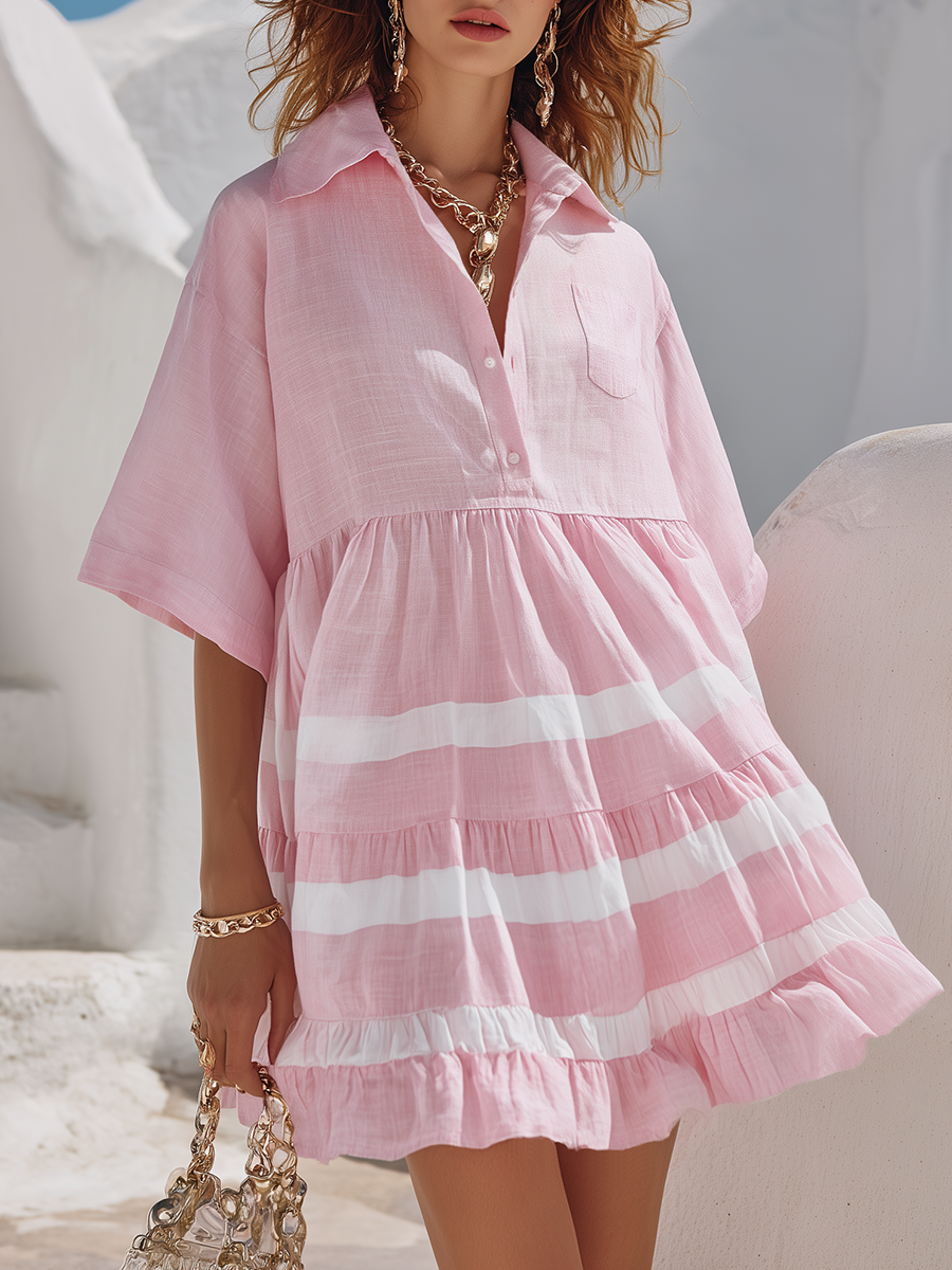 Vacation-Style Casual Pink V-Neck Short-Sleeve Loose Mini Dress