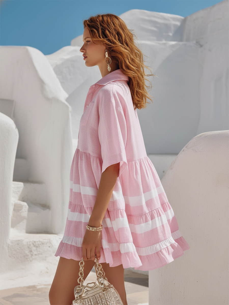 Vacation-Style Casual Pink V-Neck Short-Sleeve Loose Mini Dress