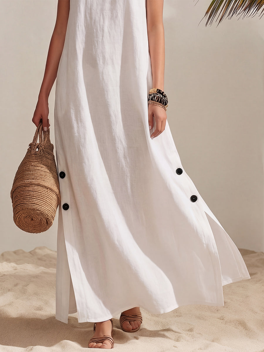 Minimalist Casual Vacation White Turtleneck Cotton Linen Button Sleeveless Maxi Dress