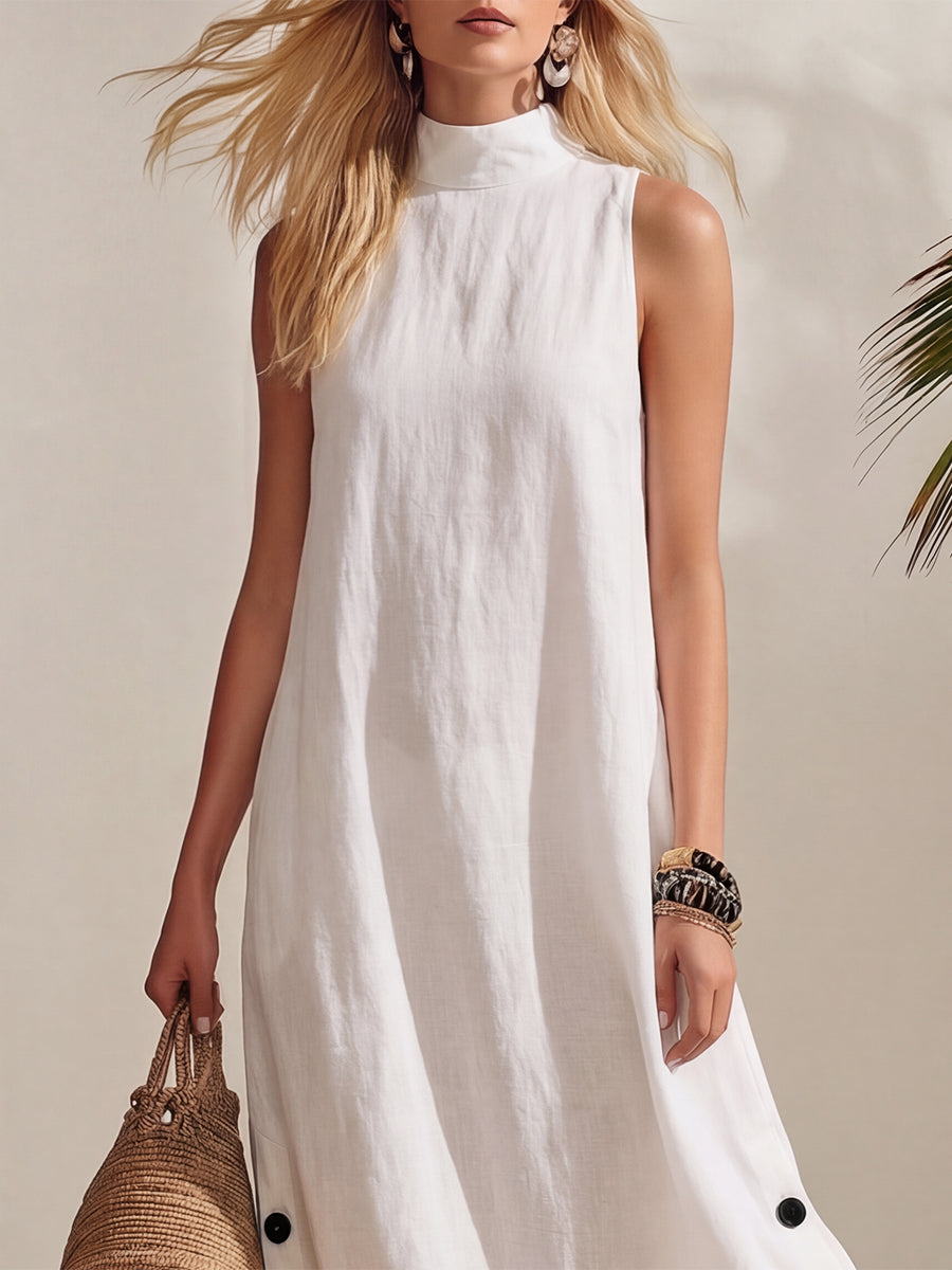 Minimalist Casual Vacation White Turtleneck Cotton Linen Button Sleeveless Maxi Dress