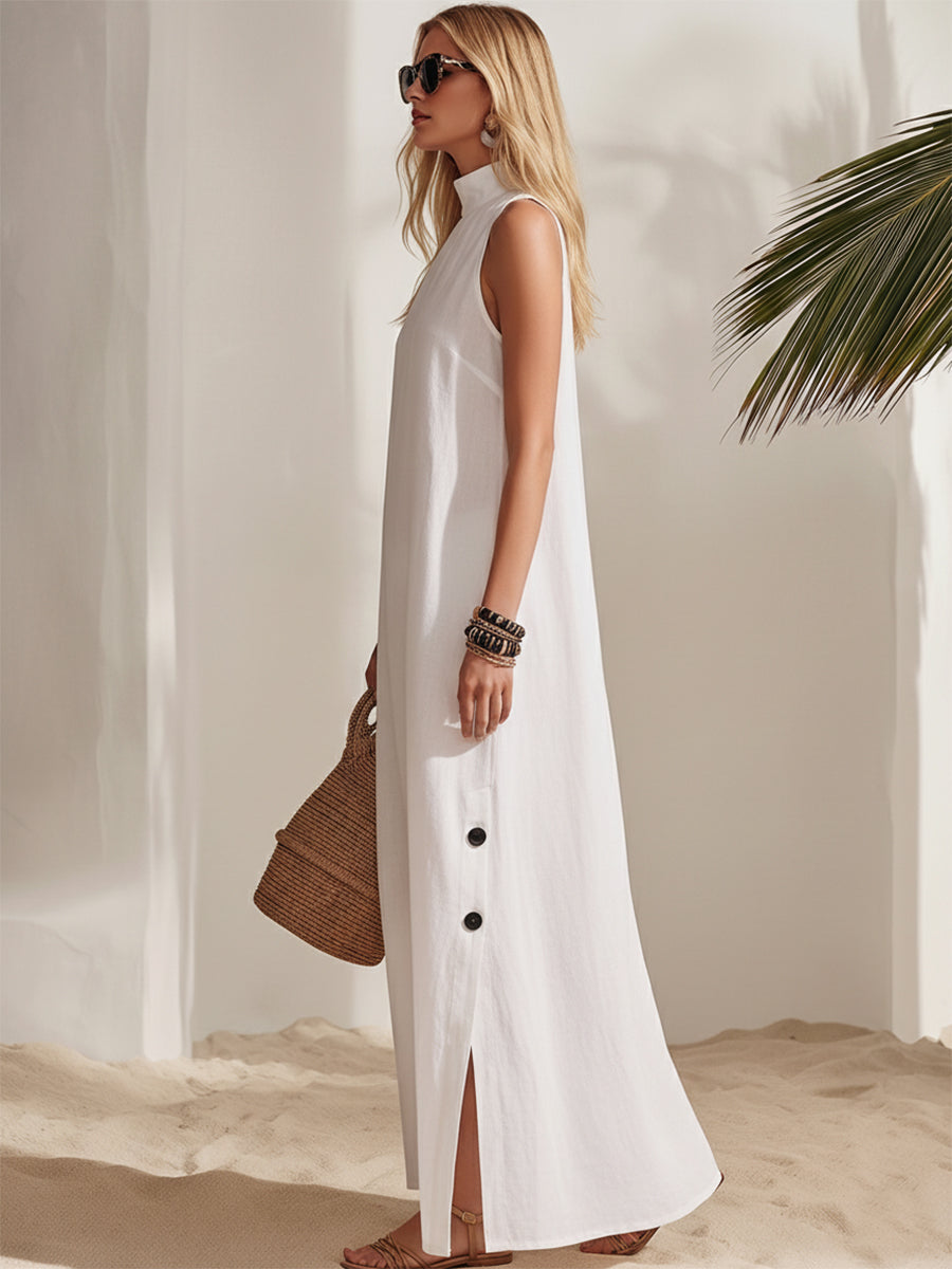 Minimalist Casual Vacation White Turtleneck Cotton Linen Button Sleeveless Maxi Dress