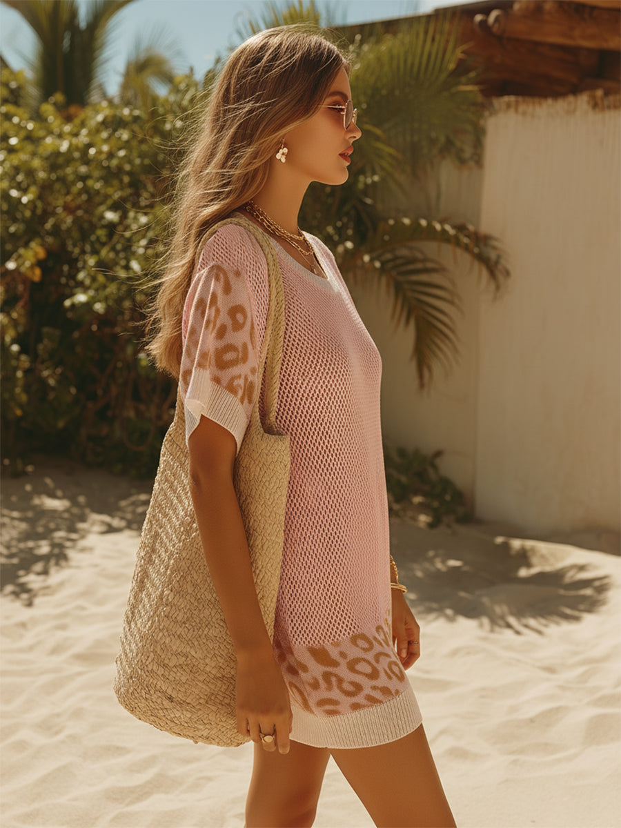 Bohemian Resort Pink Leopard Print Mesh Breathable Knit Short-Sleeve Mini Dress