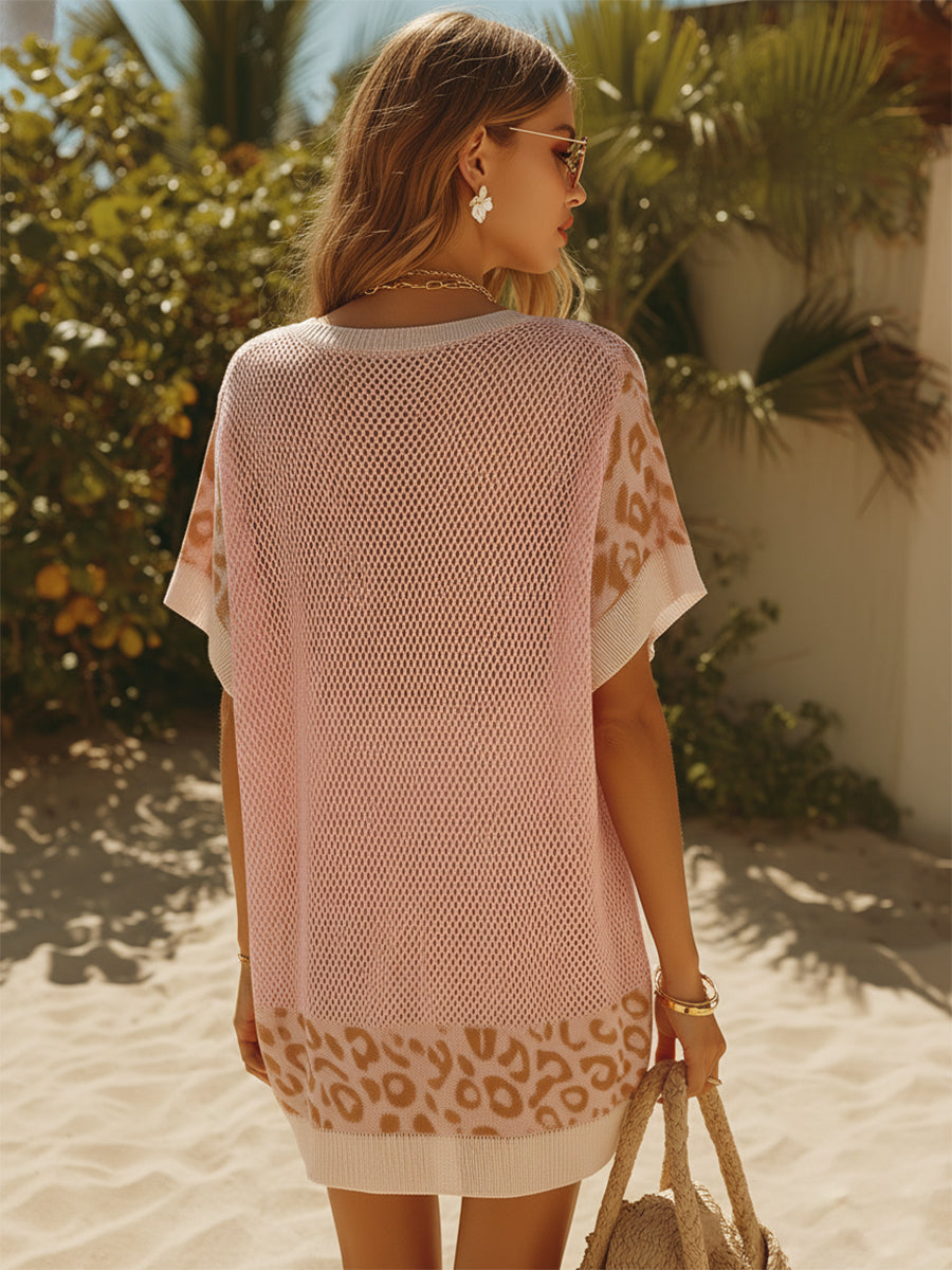 Bohemian Resort Pink Leopard Print Mesh Breathable Knit Short-Sleeve Mini Dress