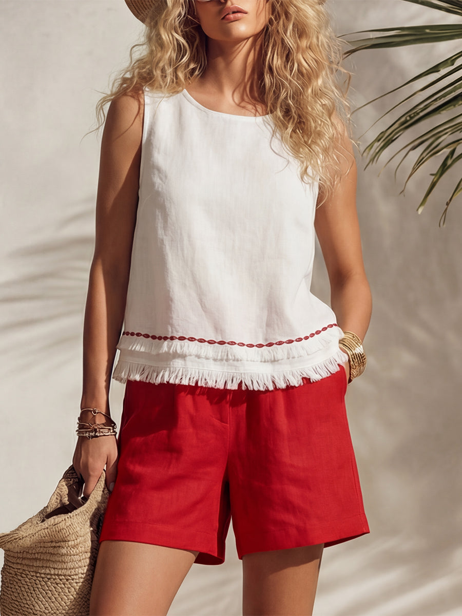 Bohemian White Cotton Linen Sleeveless Tassel Vest And Red Shorts Set