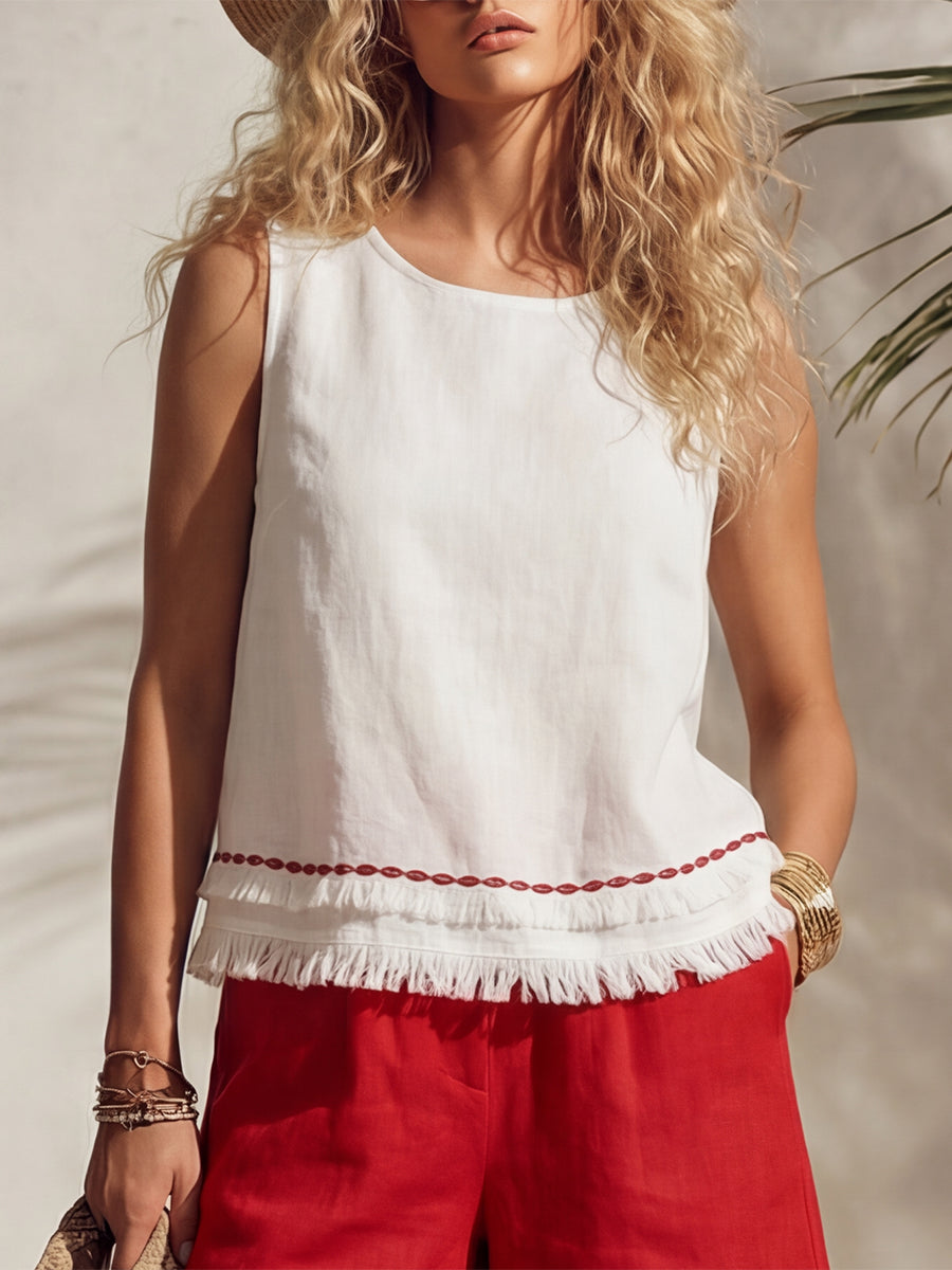Bohemian White Cotton Linen Sleeveless Tassel Vest And Red Shorts Set