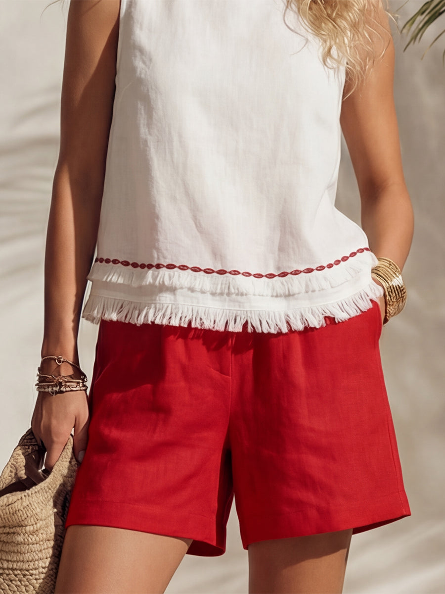 Bohemian White Cotton Linen Sleeveless Tassel Vest And Red Shorts Set