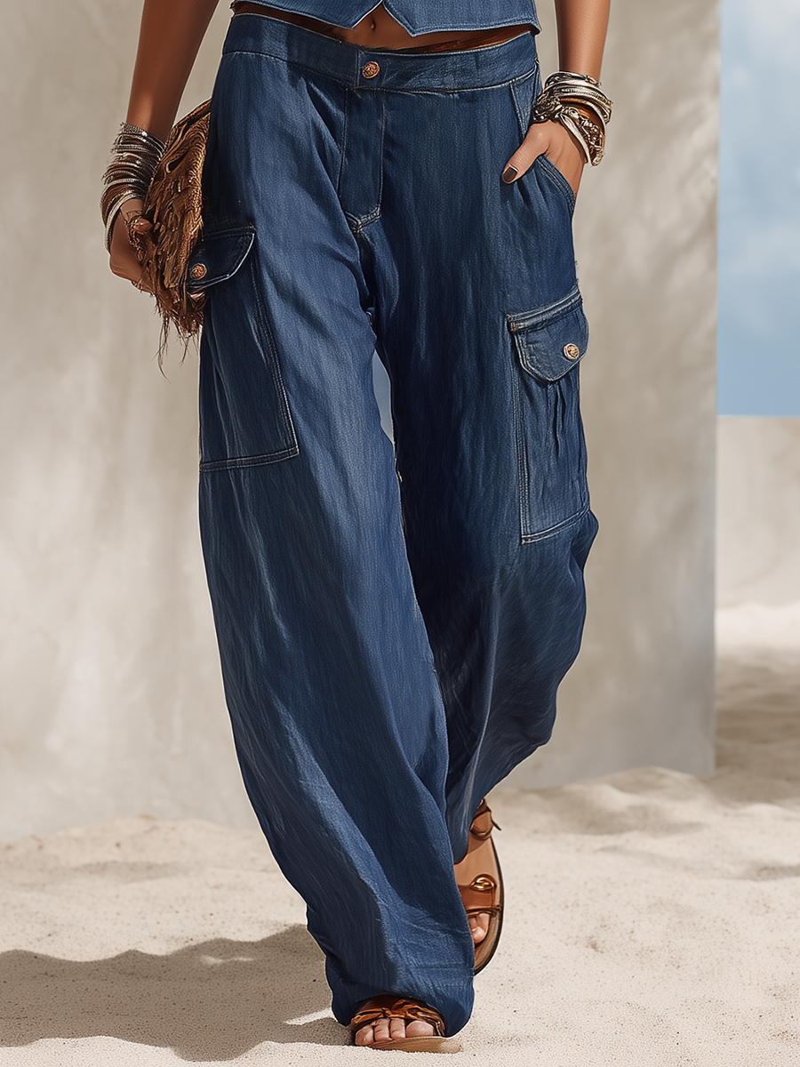 Bohemian Vacation Blue Denim Multi-pocket Jeans