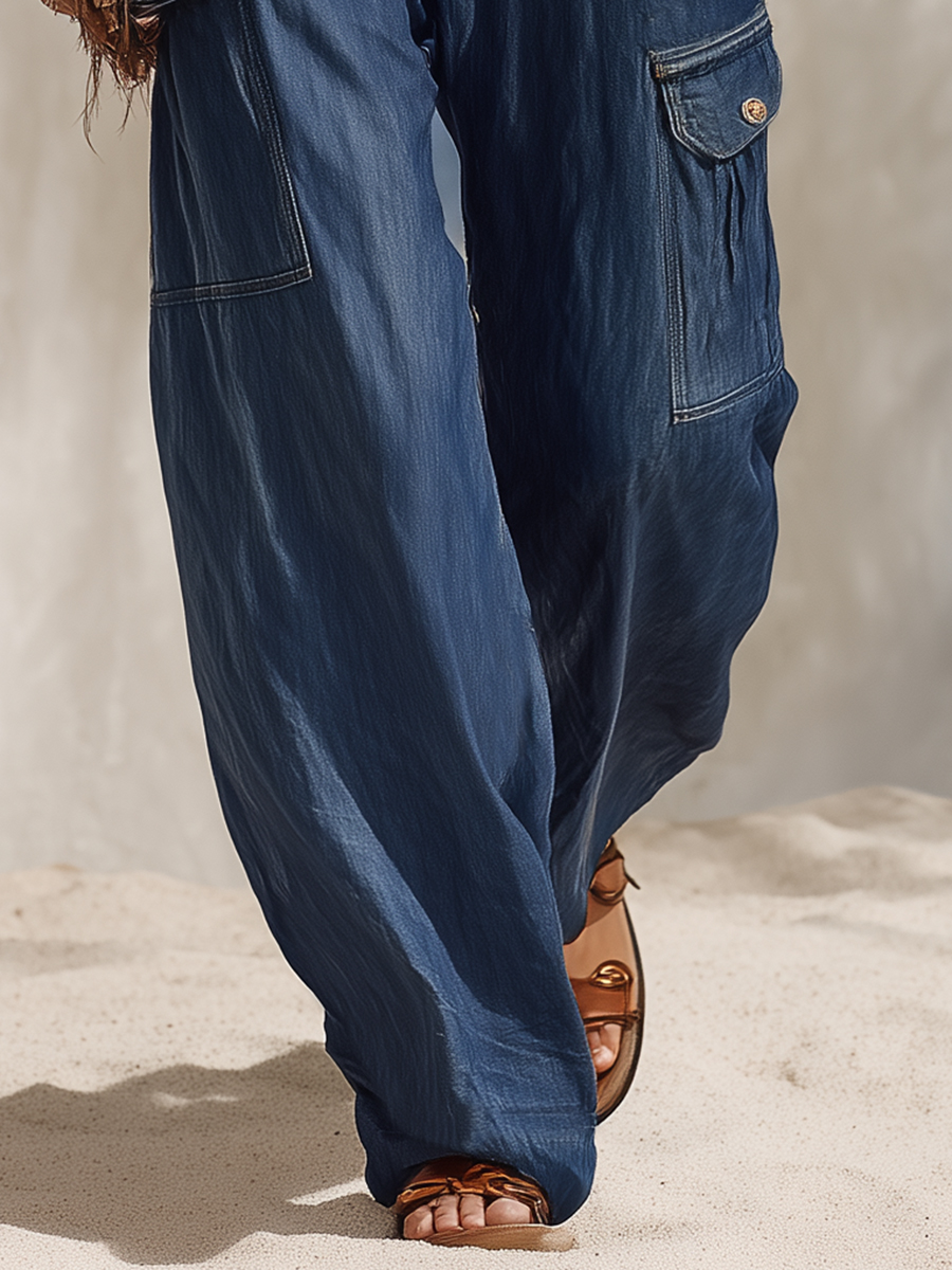 Bohemian Vacation Blue Denim Multi-pocket Jeans