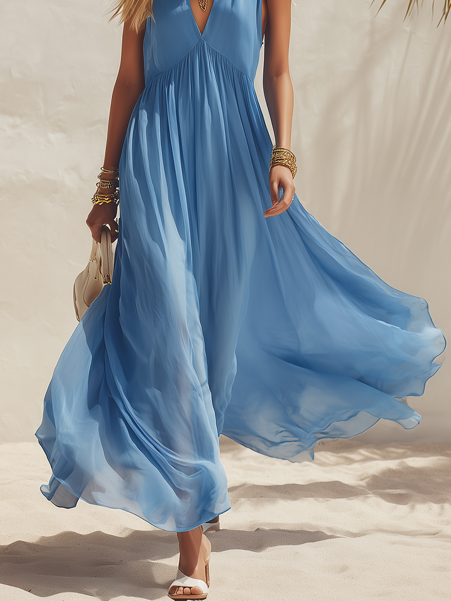 Bohemian Vacation Sky Blue Chiffon High-waisted Pleated Sleeveless Maxi Dress