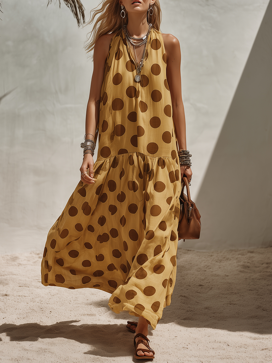 Casual Vacation Brown Polka Dot Yellow Sleeveless Maxi Dress