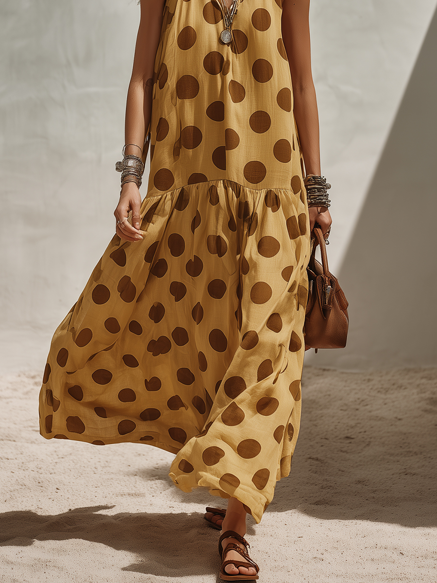 Casual Vacation Brown Polka Dot Yellow Sleeveless Maxi Dress