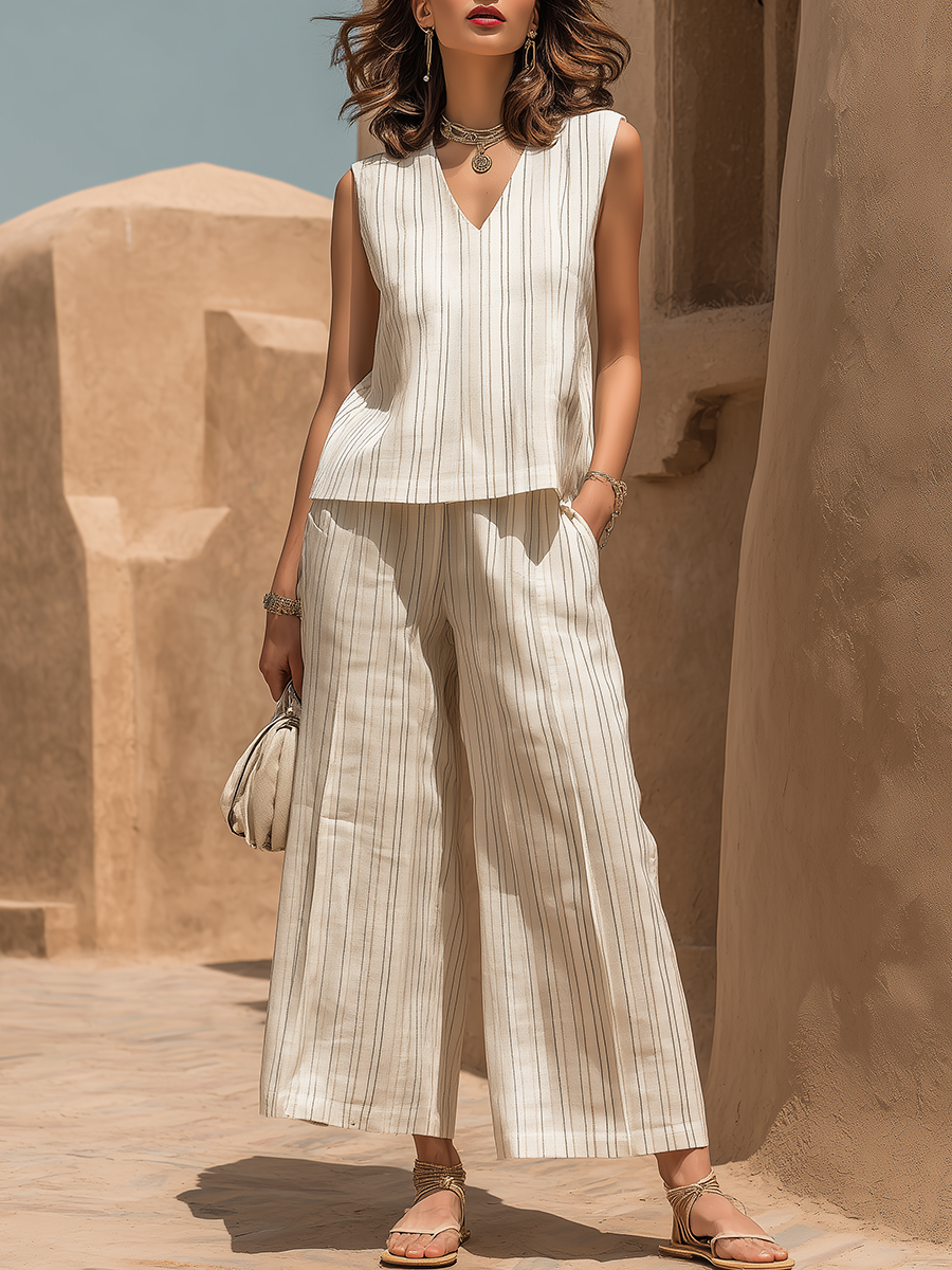 Resort-style White Striped V-neck Sleeveless Top And Trousers Set