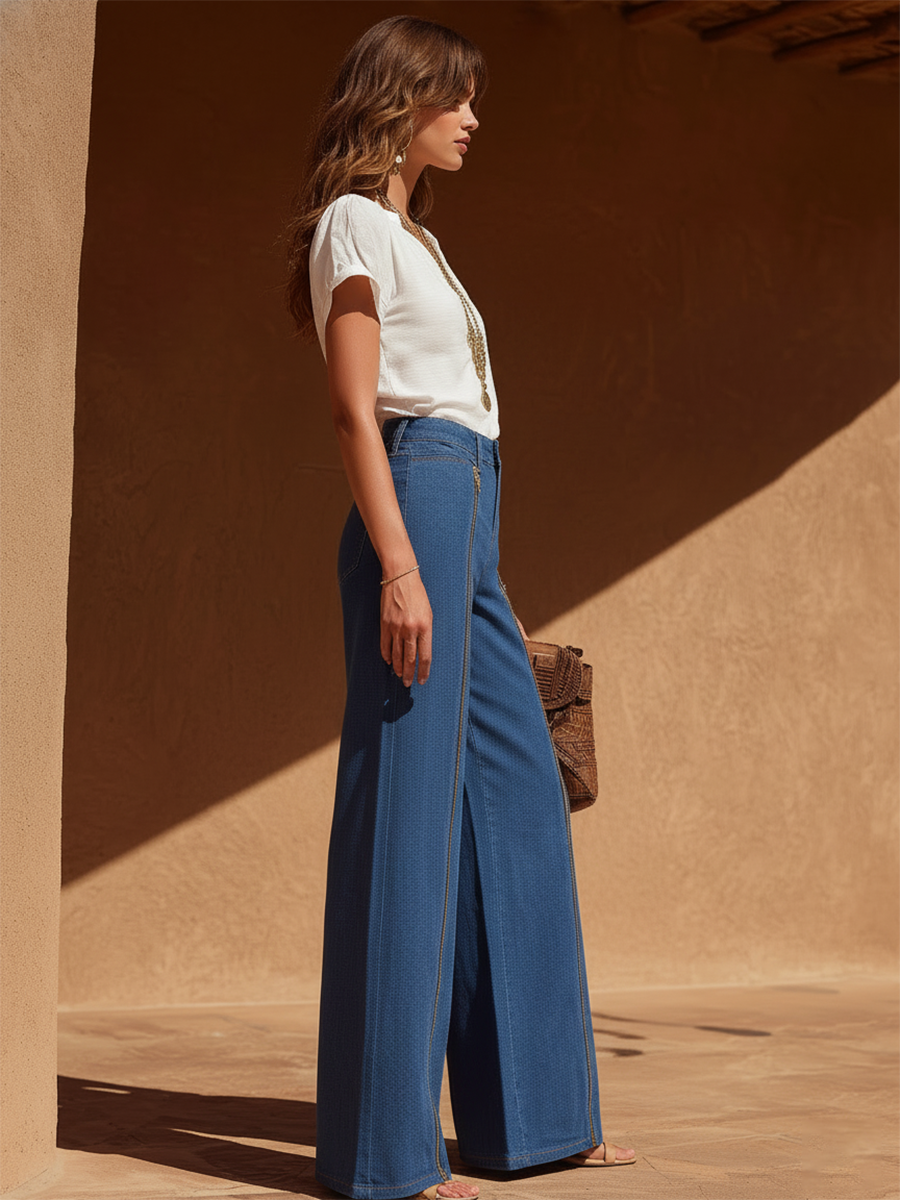 Resort-style High-waisted Denim Zipper Wide-leg Trousers