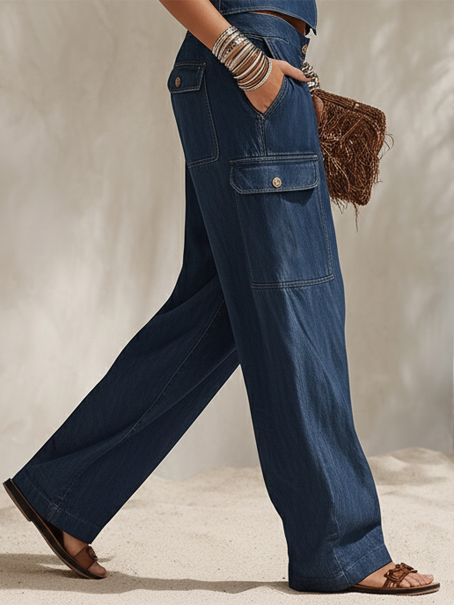 Bohemian Vacation Blue Denim Multi-pocket Jeans