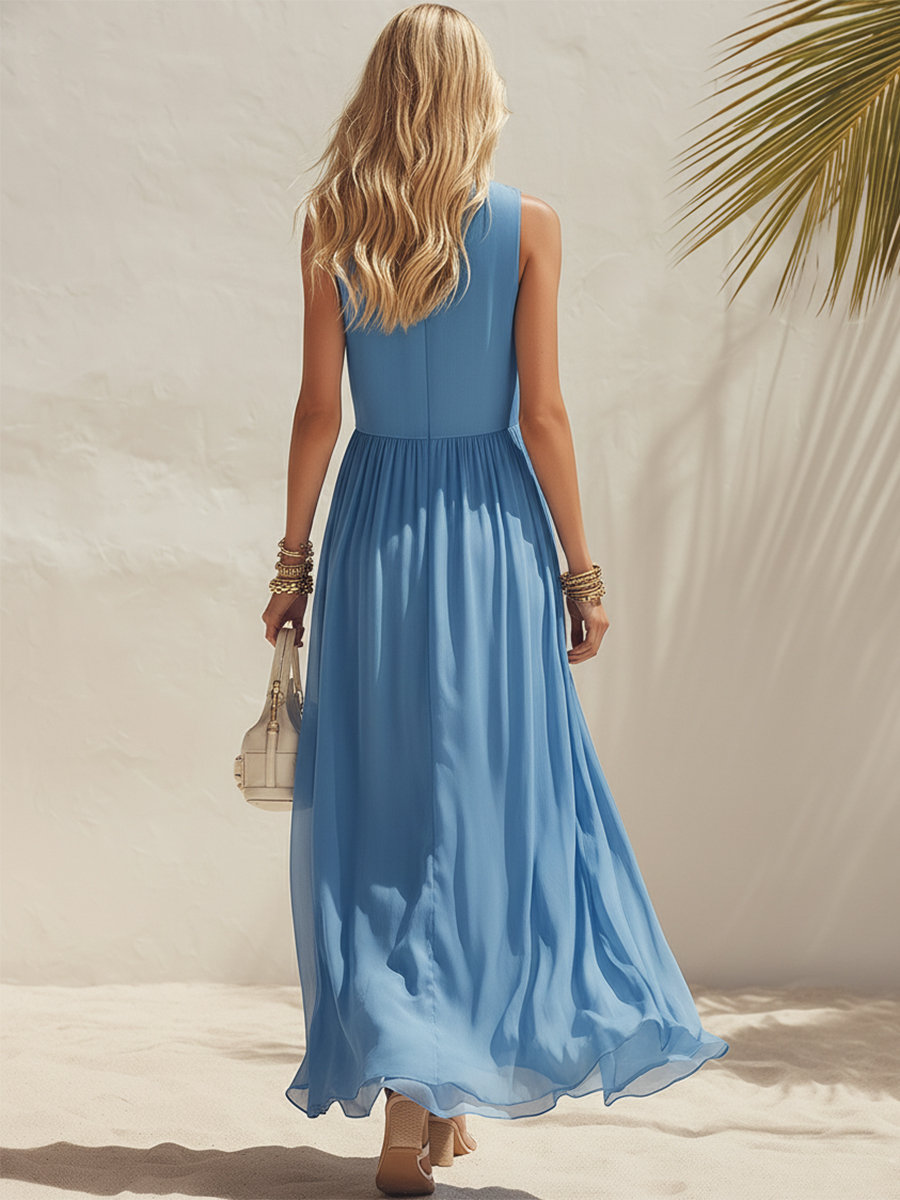 Bohemian Vacation Sky Blue Chiffon High-waisted Pleated Sleeveless Maxi Dress