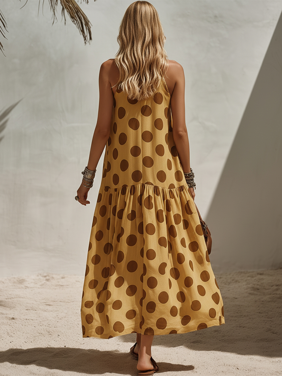 Casual Vacation Brown Polka Dot Yellow Sleeveless Maxi Dress