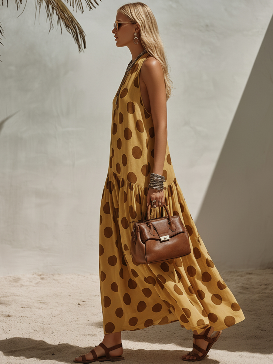 Casual Vacation Brown Polka Dot Yellow Sleeveless Maxi Dress