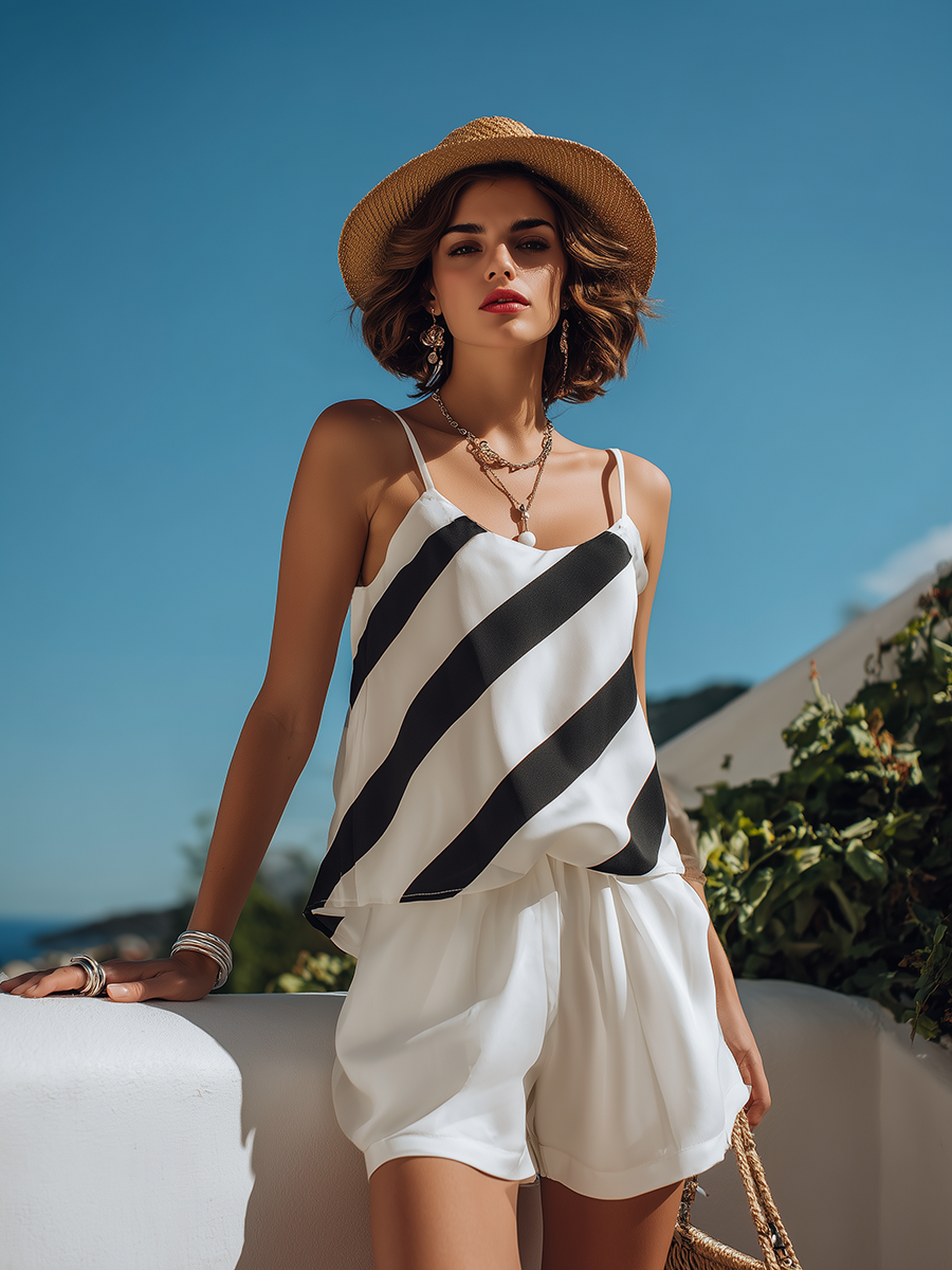Resort-style White Twill Tank Top And White Shorts Set