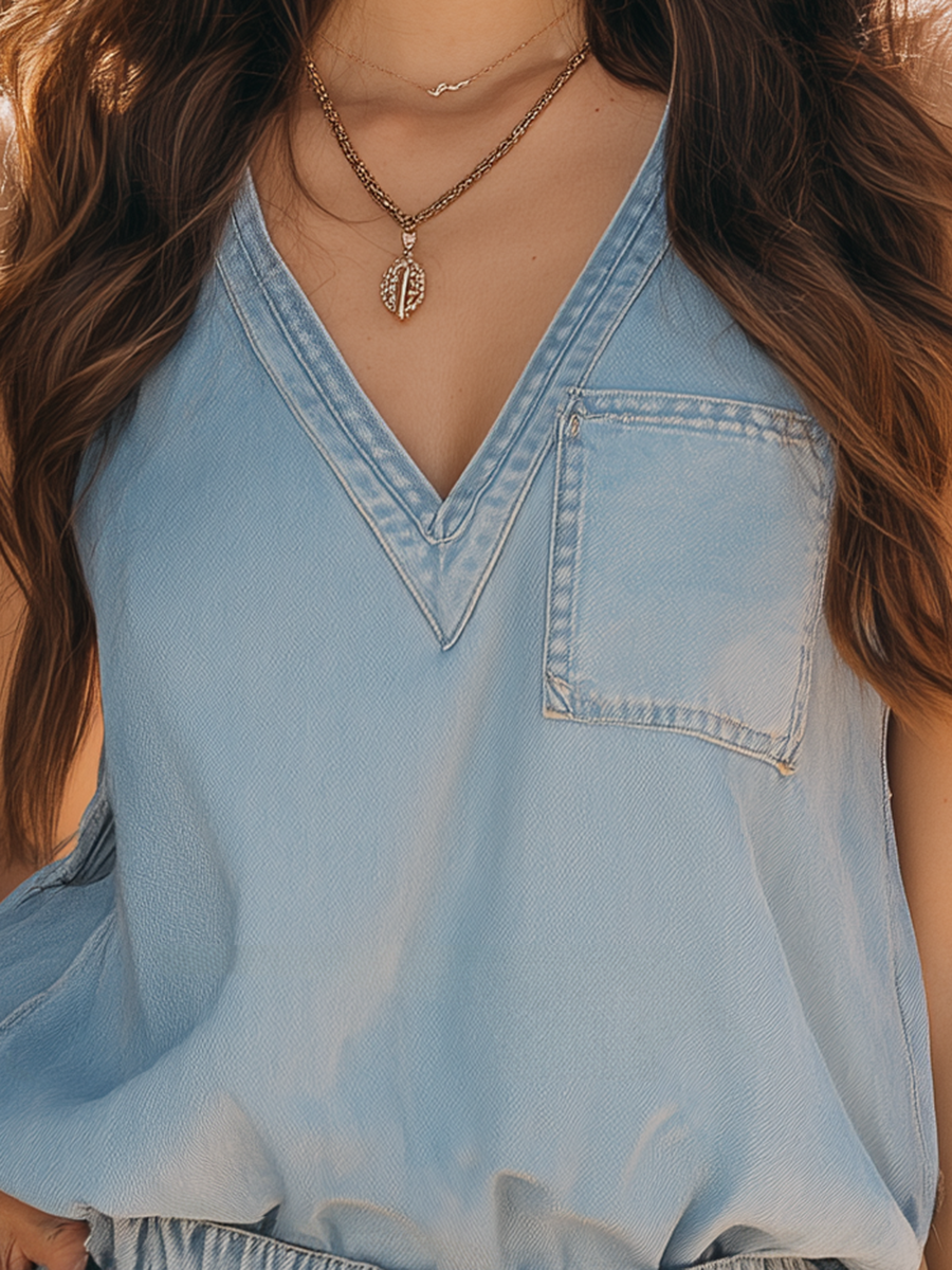 Resort-style V-neck Sleeveless Top And Shorts Set