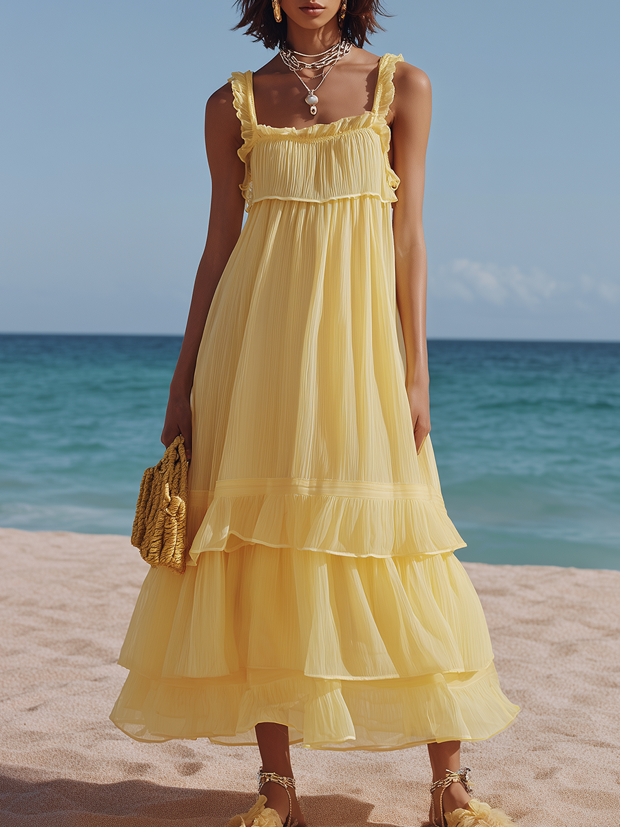 Comfortable Yellow Sleeveless Midi Dress
