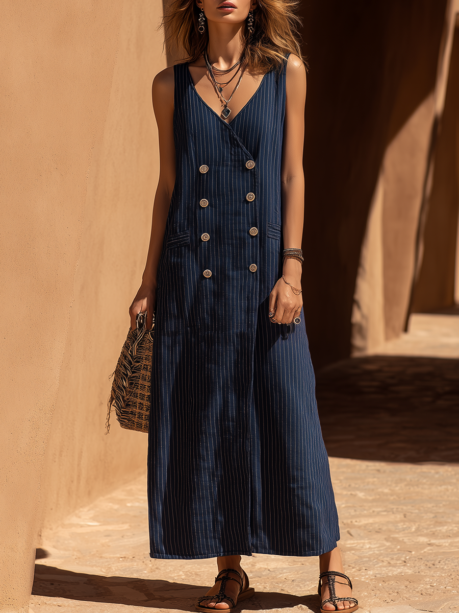 Resort-style Navy Blue V-neck Striped Sleeveless Maxi Dress