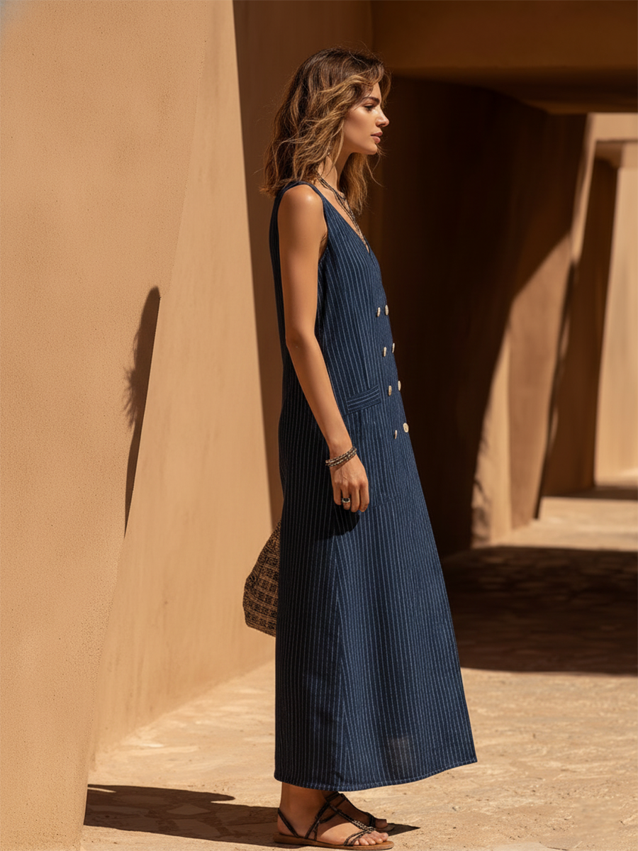 Resort-style Navy Blue V-neck Striped Sleeveless Maxi Dress
