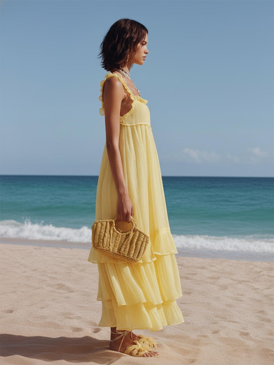 Comfortable Yellow Sleeveless Midi Dress