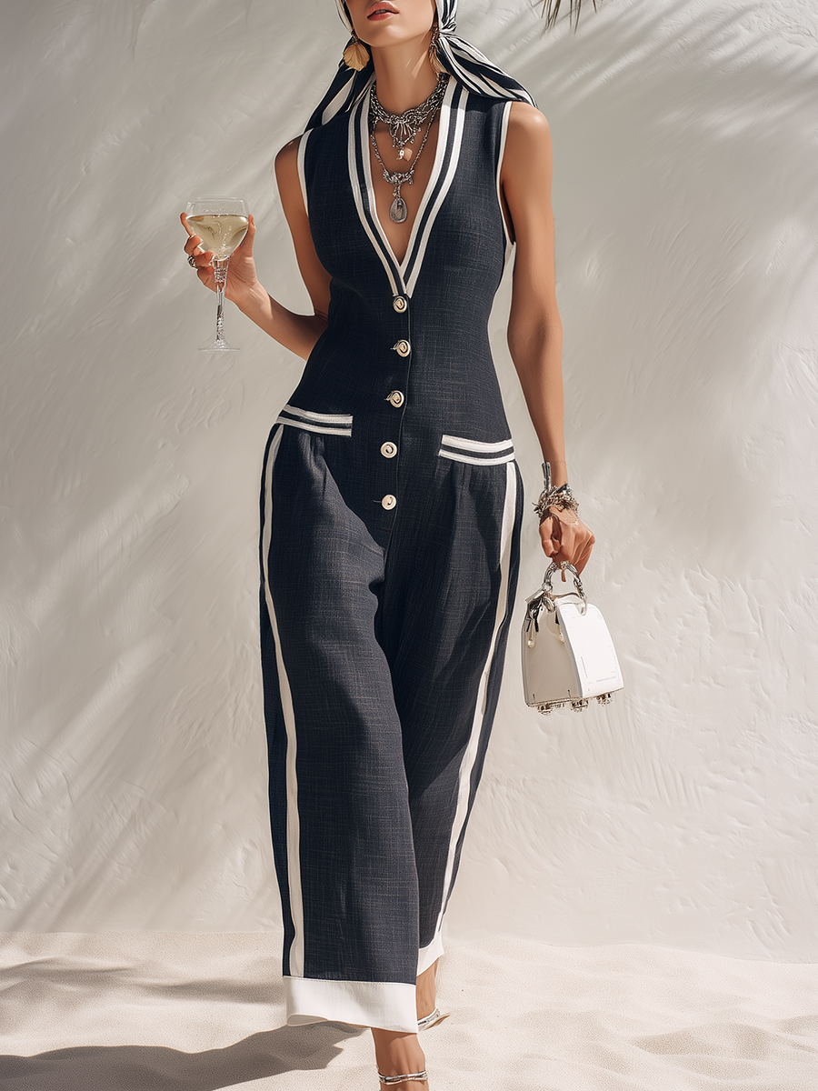 Nautical Vacation Navy Blue V-Neck Color-Blocked Striped Button-Down Sleeveless Jumpsuit