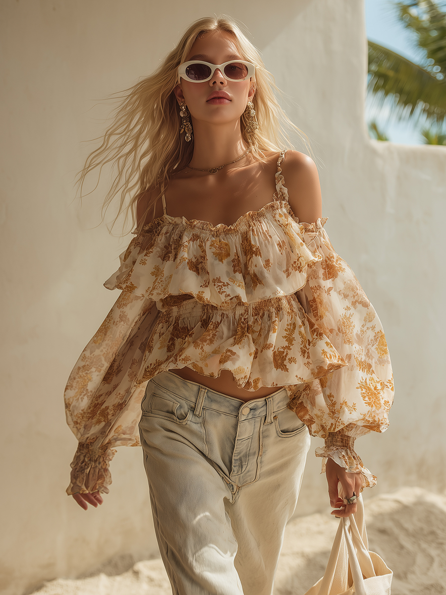Bohemian Style Retro Brown Printed Chiffon Off-shoulder Ruffle Top