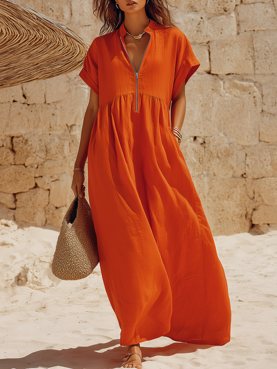 Simple Loose-Fit Front-Zip Short-Sleeve Orange-Red Cotton-Linen Maxi Dress