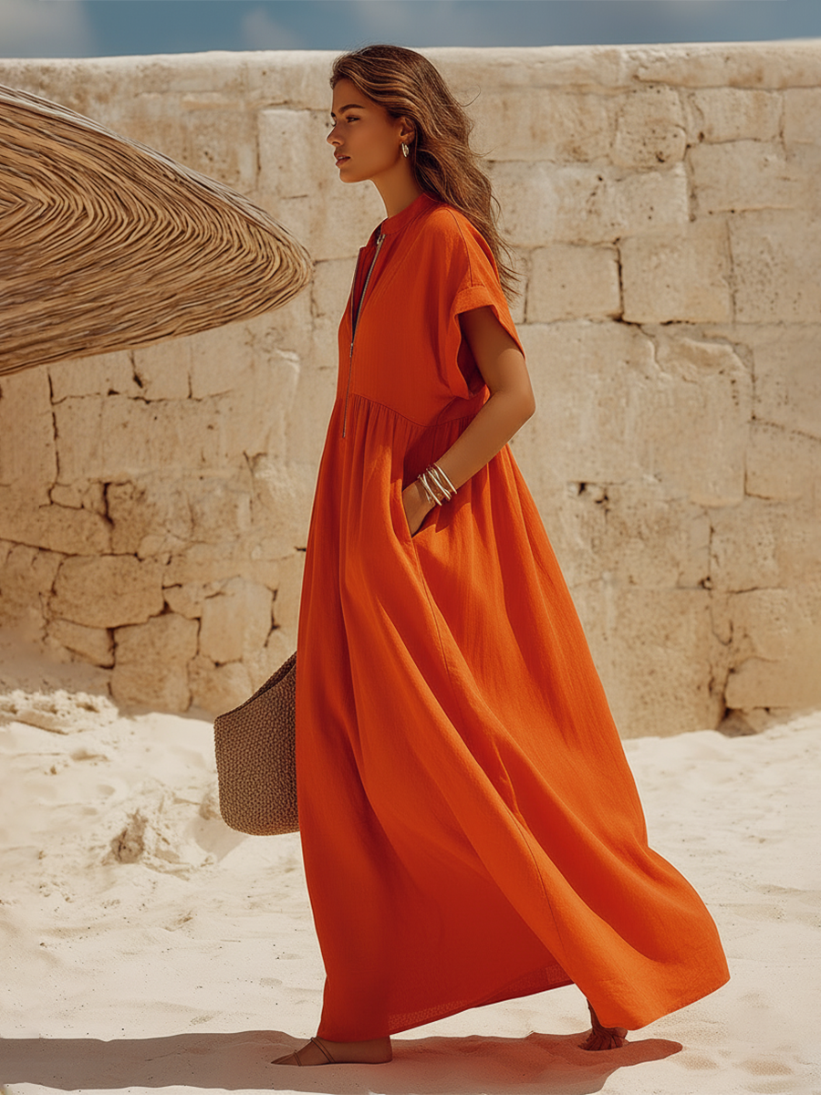 Simple Loose-Fit Front-Zip Short-Sleeve Orange-Red Cotton-Linen Maxi Dress