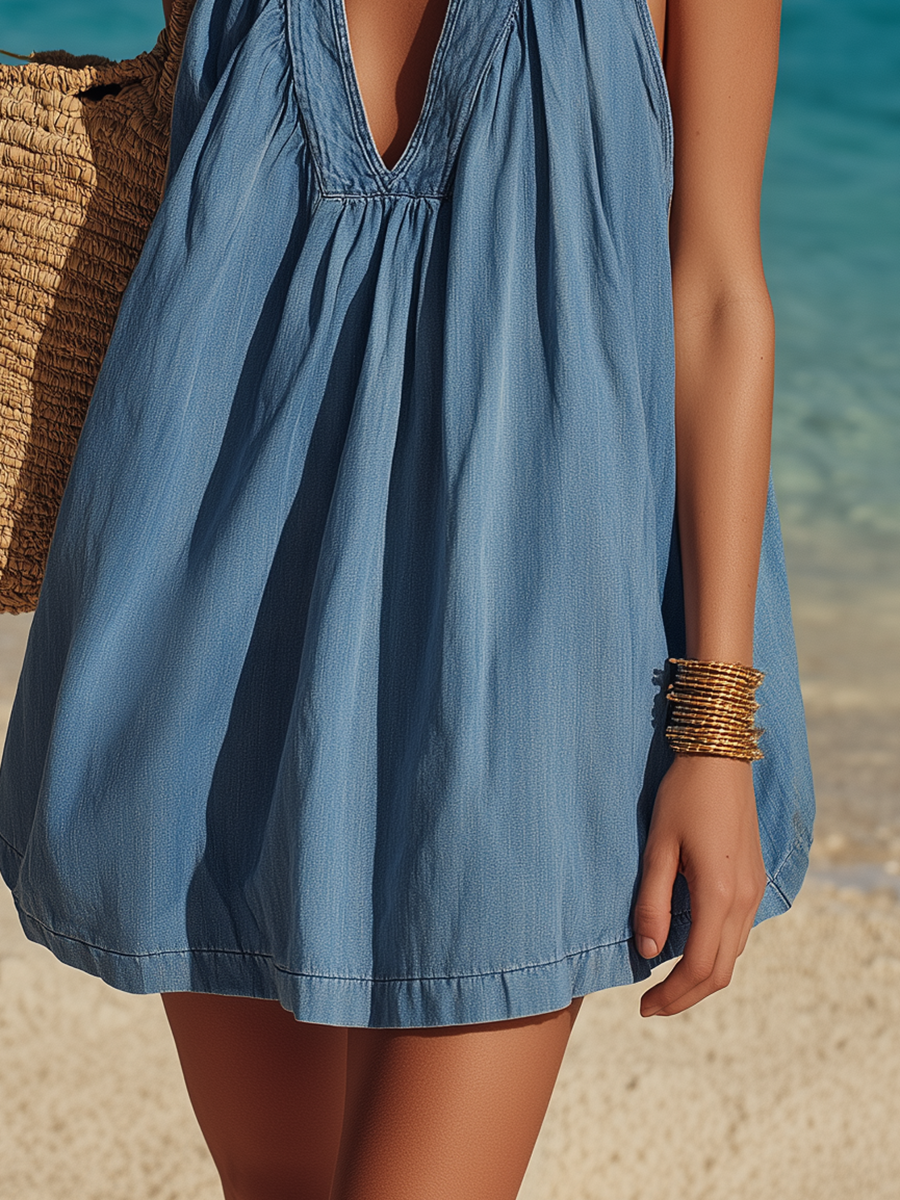Chic Vacation Sleeveless A-Line Blue Denim Mini Dress