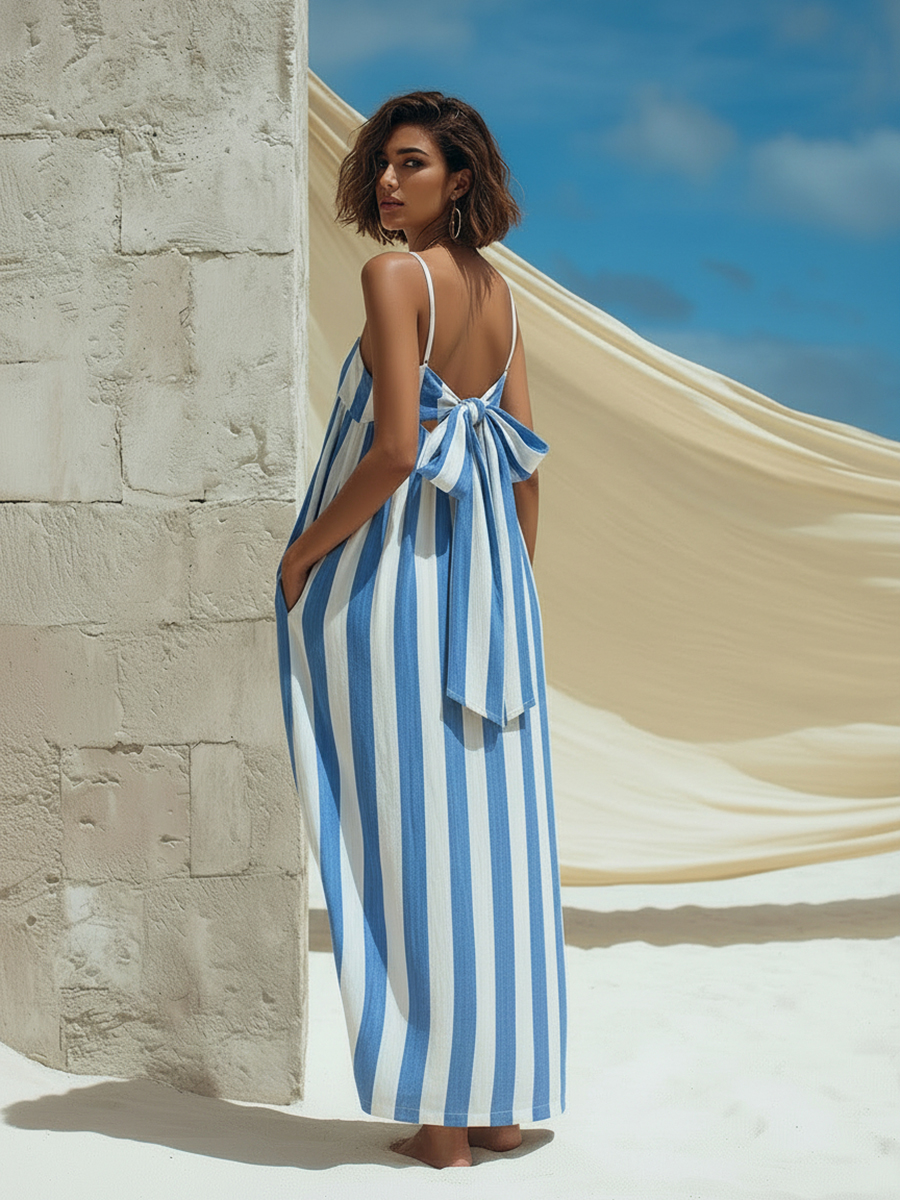 Minimalist Vacation-Style Thin Straps And Back Tie Detail Blue And White Striped Maxi Dress