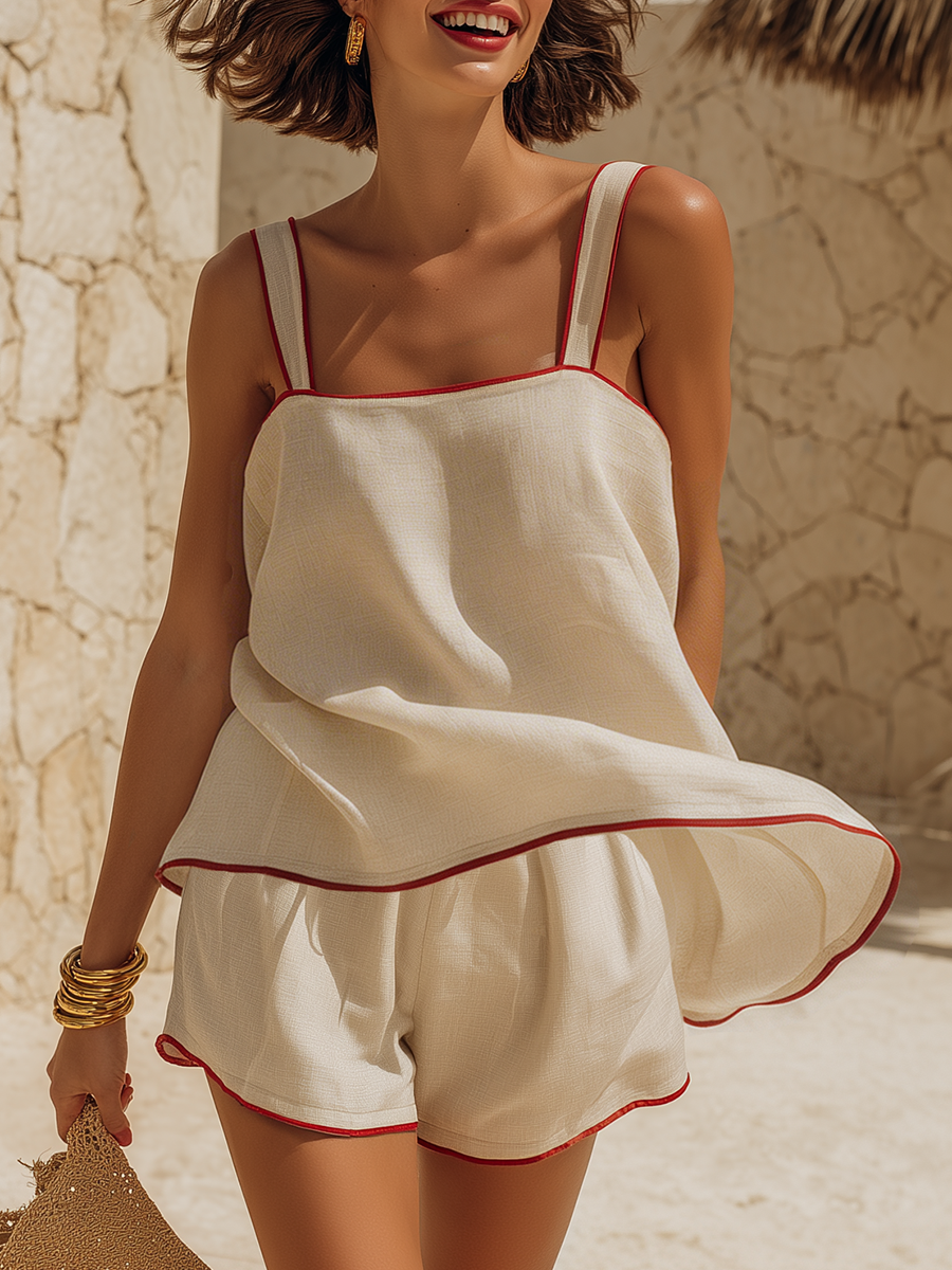 Minimalist Vacation Red Piping Off-White Cotton-Linen Top And Shorts Set