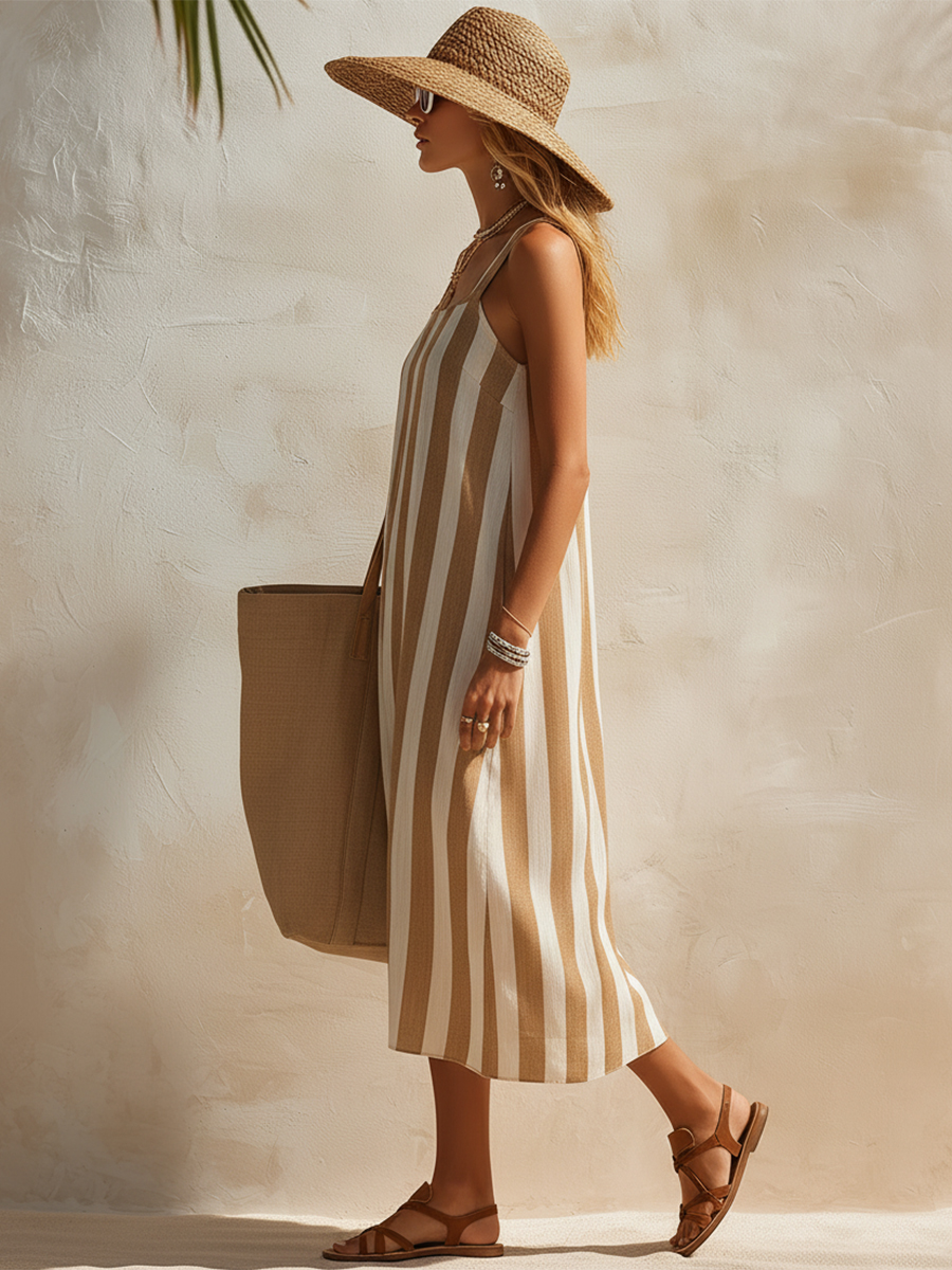 Bohemian-style Coastal Camel And Off-white Striped Square Neck Sleeveless Midi Dress