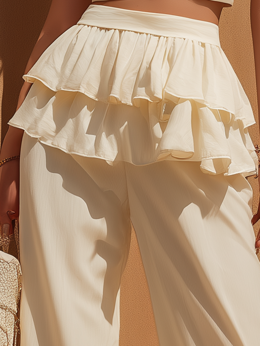 Vacation-Style Ecru High-Waisted Wide-Leg Trousers