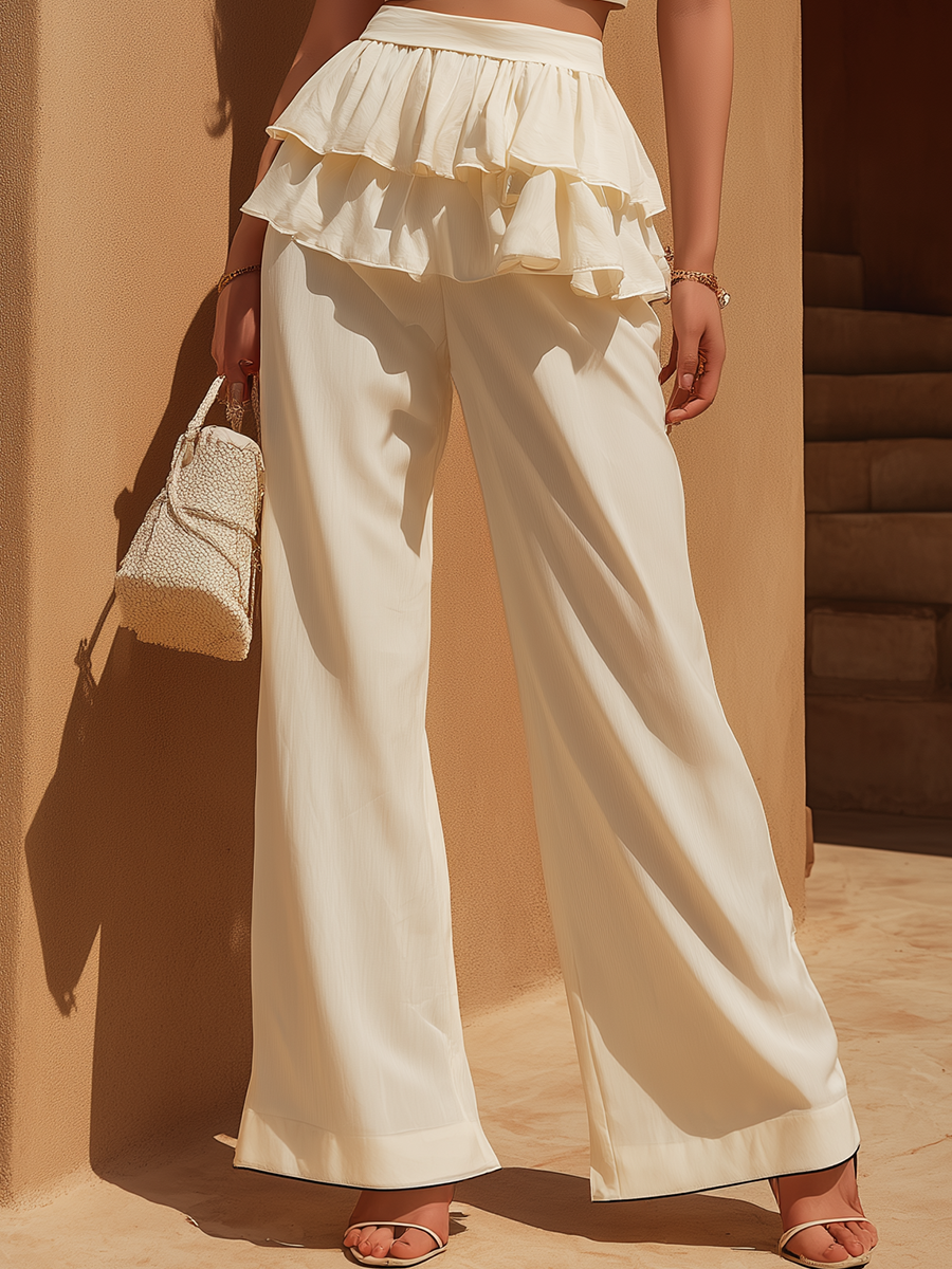 Vacation-Style Ecru High-Waisted Wide-Leg Trousers