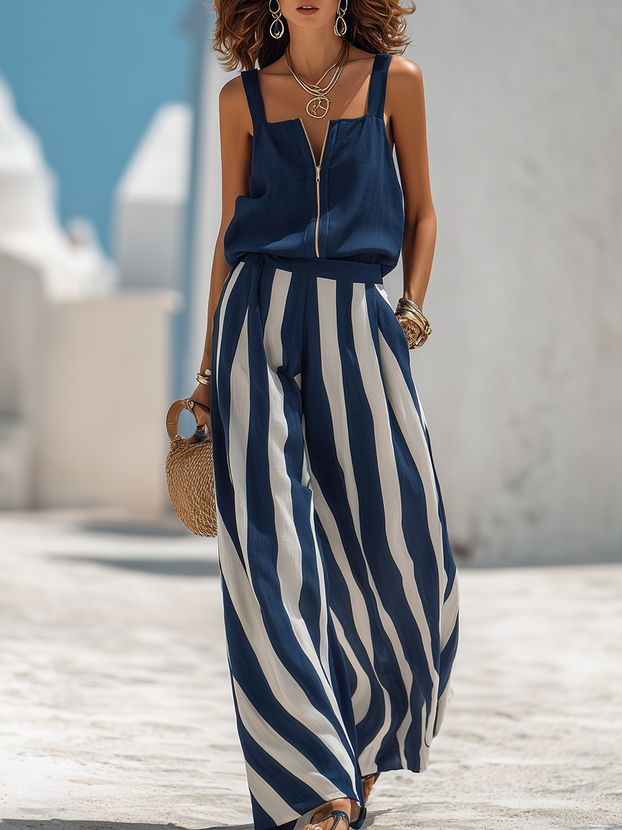 Vacation-Style Blue Sleeveless Vest And Blue And White Striped Wide-Leg Pants Set