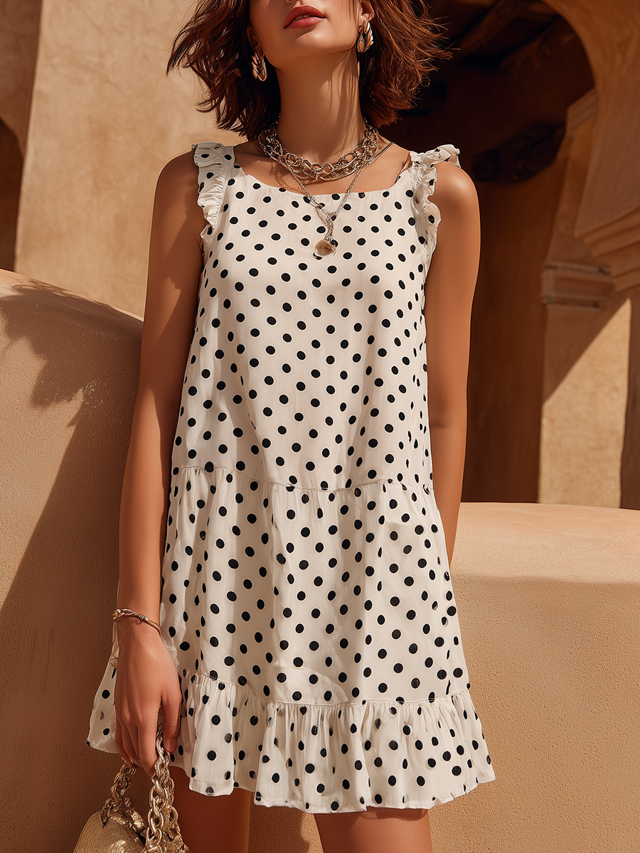 Vacation-Style Loose-Fit White Polka-Dot Sleeveless Mini Dress