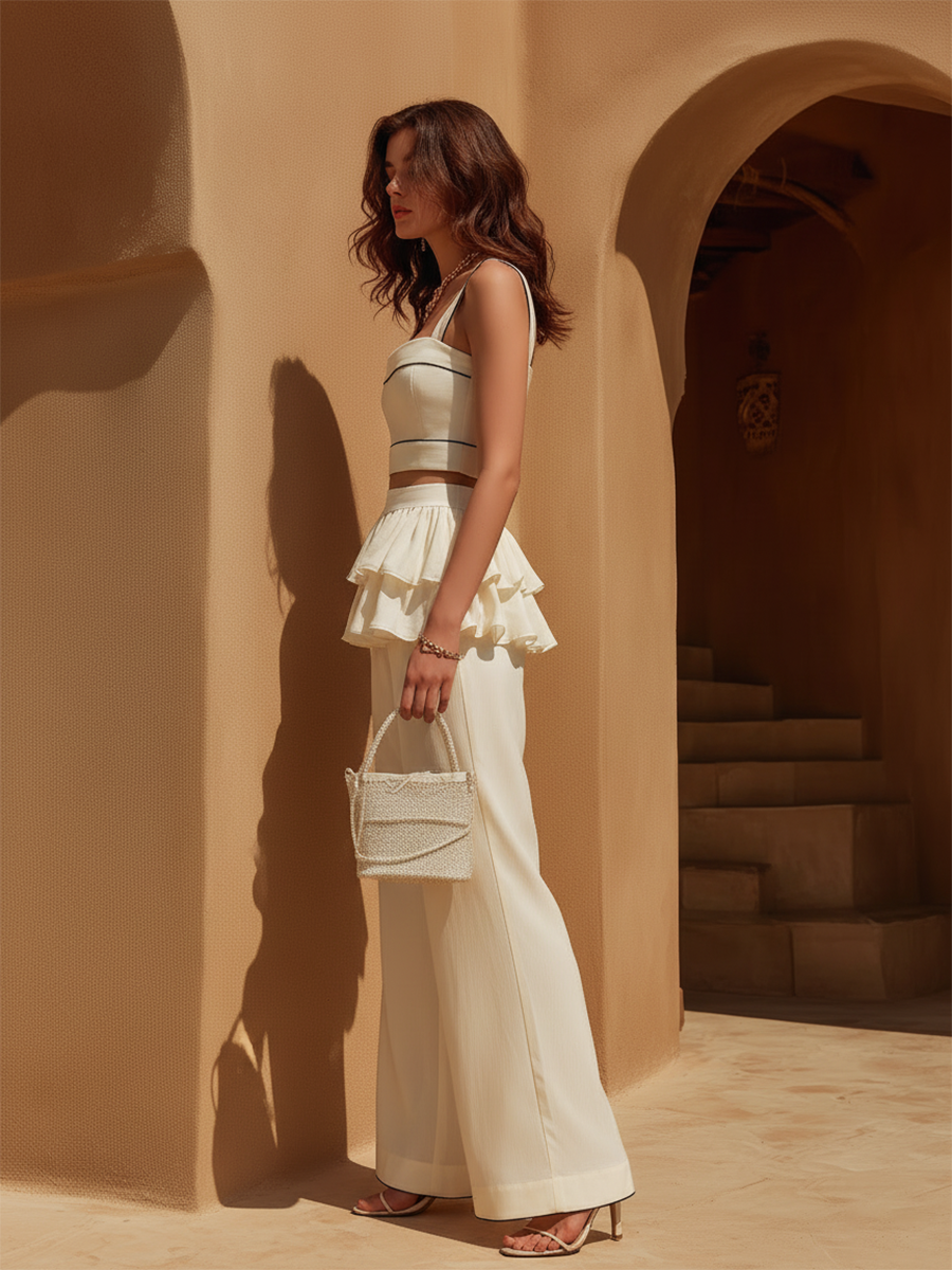 Vacation-Style Ecru High-Waisted Wide-Leg Trousers