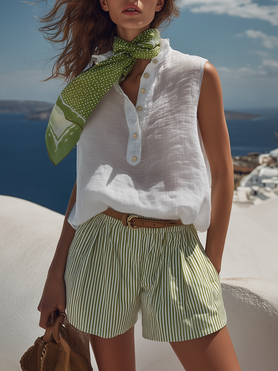 Mediterranean Style White Cotton Linen Sleeveless Button Sleeveless Top And Green Striped Shorts Set