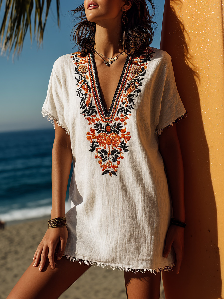 Bohemian Resort V-neck Floral Embroidery Loose Short-sleeved Mini Dress