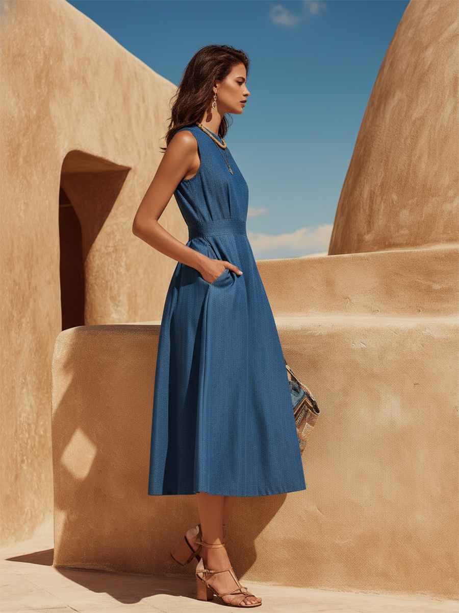 Vacation-Style Crew Neck Sleeveless Denim Midi Dress