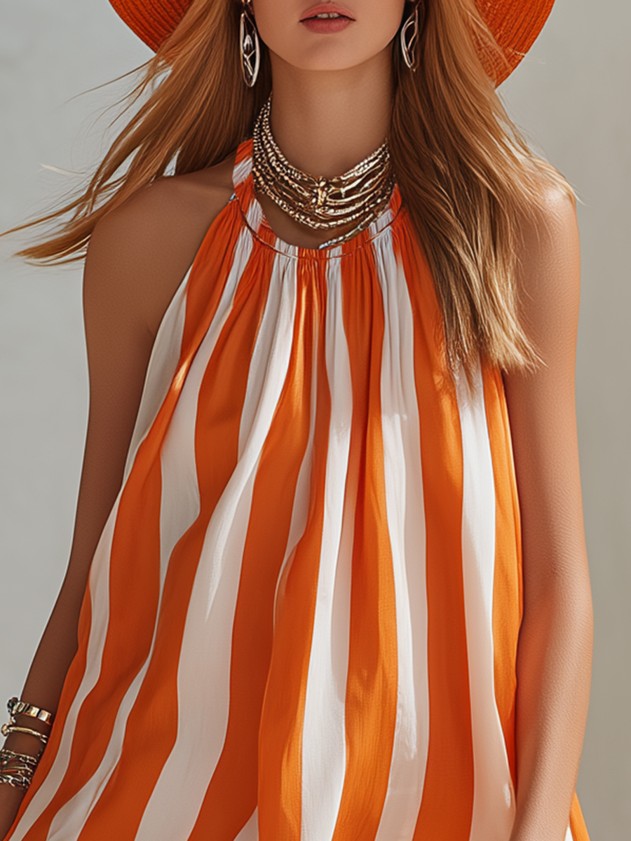 Bohemian Coast Orange And White Striped Chiffon Halter Neck Sleeveless Mini Dress