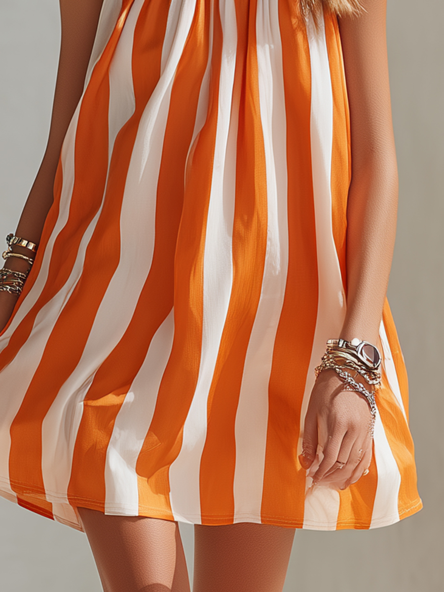 Bohemian Coast Orange And White Striped Chiffon Halter Neck Sleeveless Mini Dress