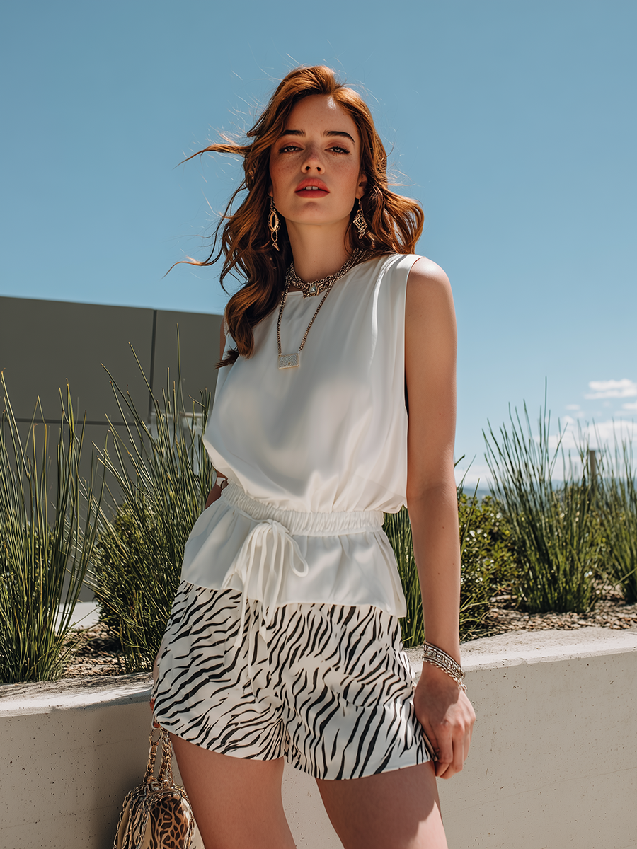 Vacation-Style Crew Neck Sleeveless Top And Zebra-Print Shorts Set