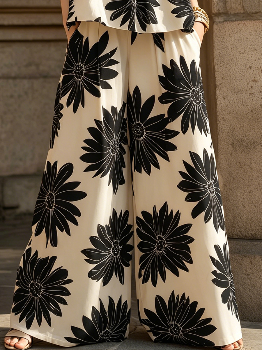 Vacation-Style Printed Crew-Neck Sleeveless Top And Wide-Leg Pants Set