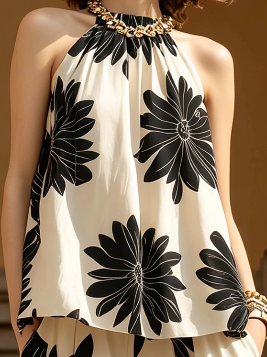 Vacation-Style Printed Crew-Neck Sleeveless Top And Wide-Leg Pants Set