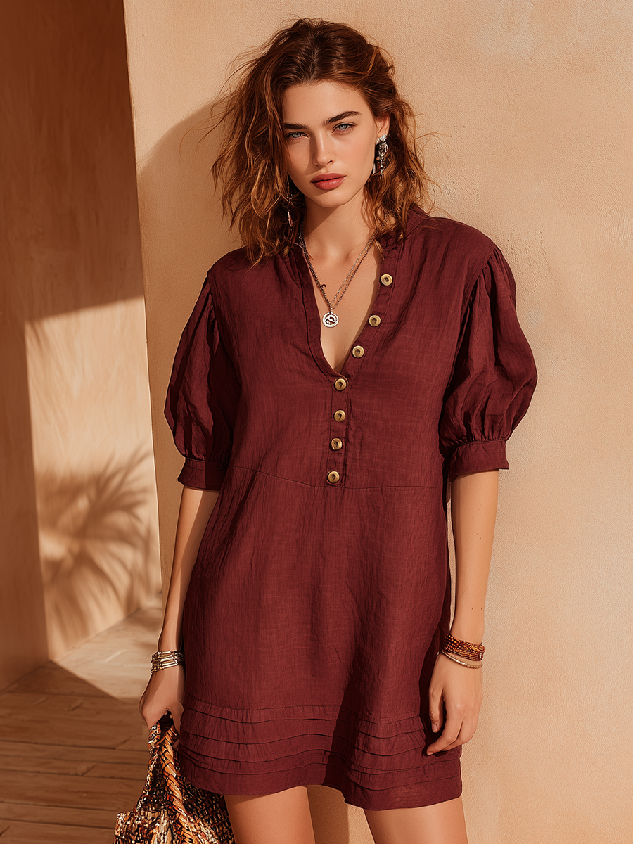 Vacation-Style Red V-Neck Short-Sleeve Mini Dress