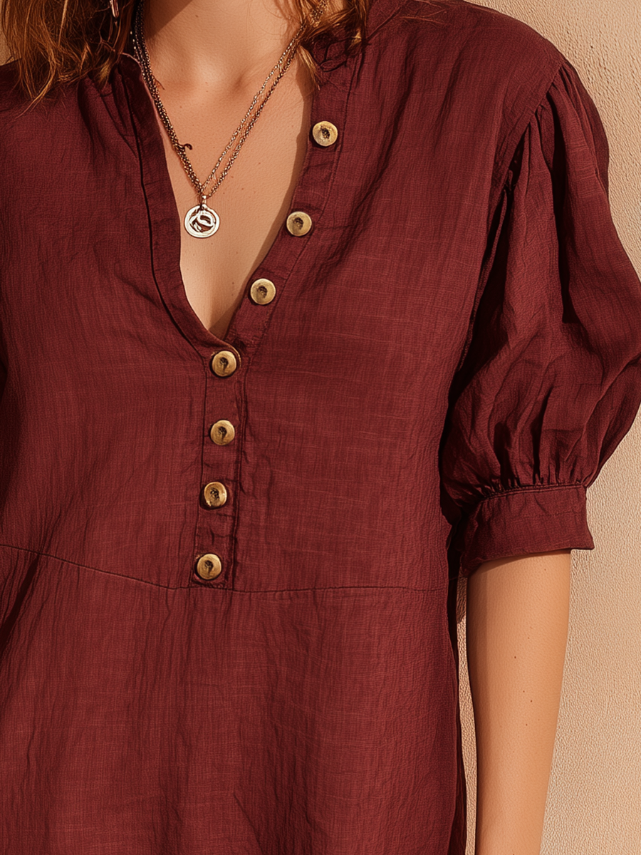 Vacation-Style Red V-Neck Short-Sleeve Mini Dress